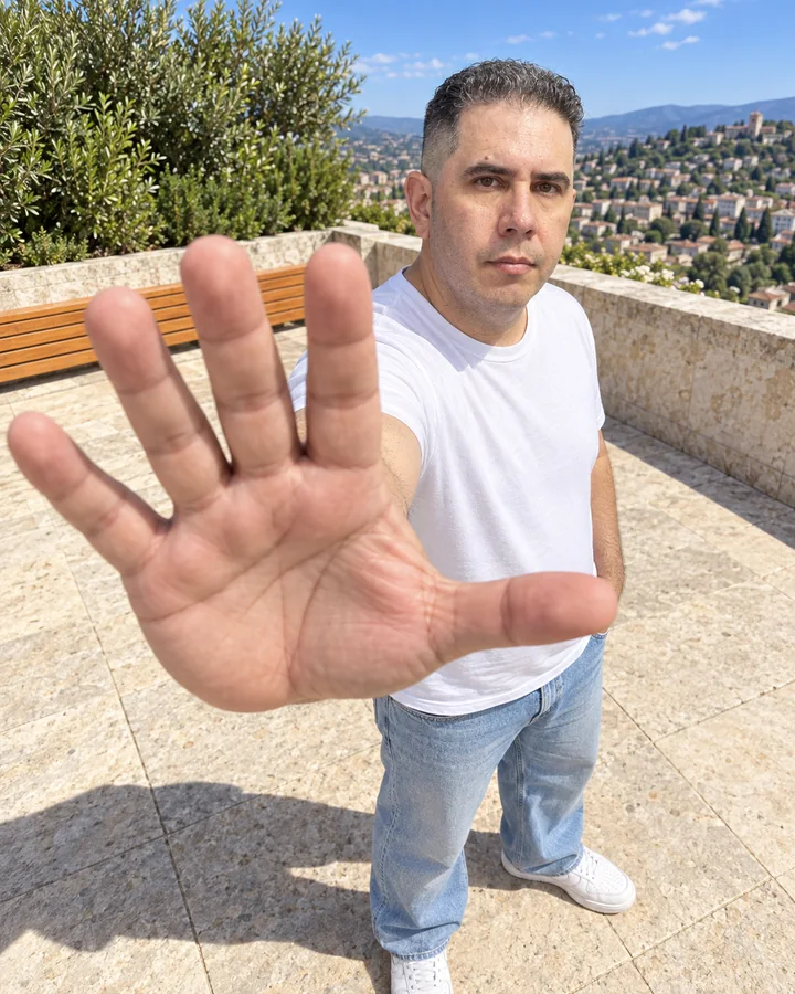 Ejemplo del plano mano gigante: El clásico que para el pulgar: la mano que parece enorme.